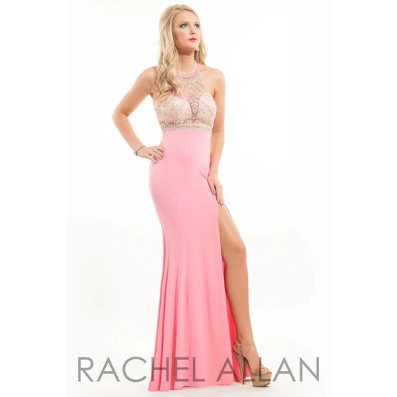 RACHEL ALLEN Pink Hand Beaded Open Back Halter Top Princess 2069 Prom Dress Sz 6 - Picture 1 of 12